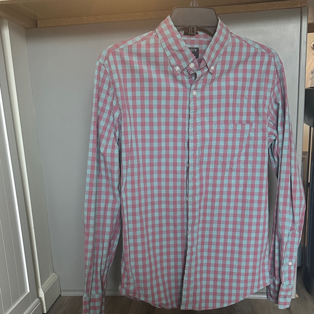 J. Crew Pink and Teal Plaid Men's Shirt